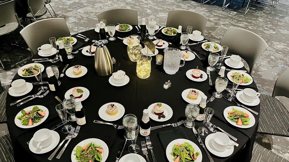 Tables set up for an event in the Willa Cather Dining Complex
